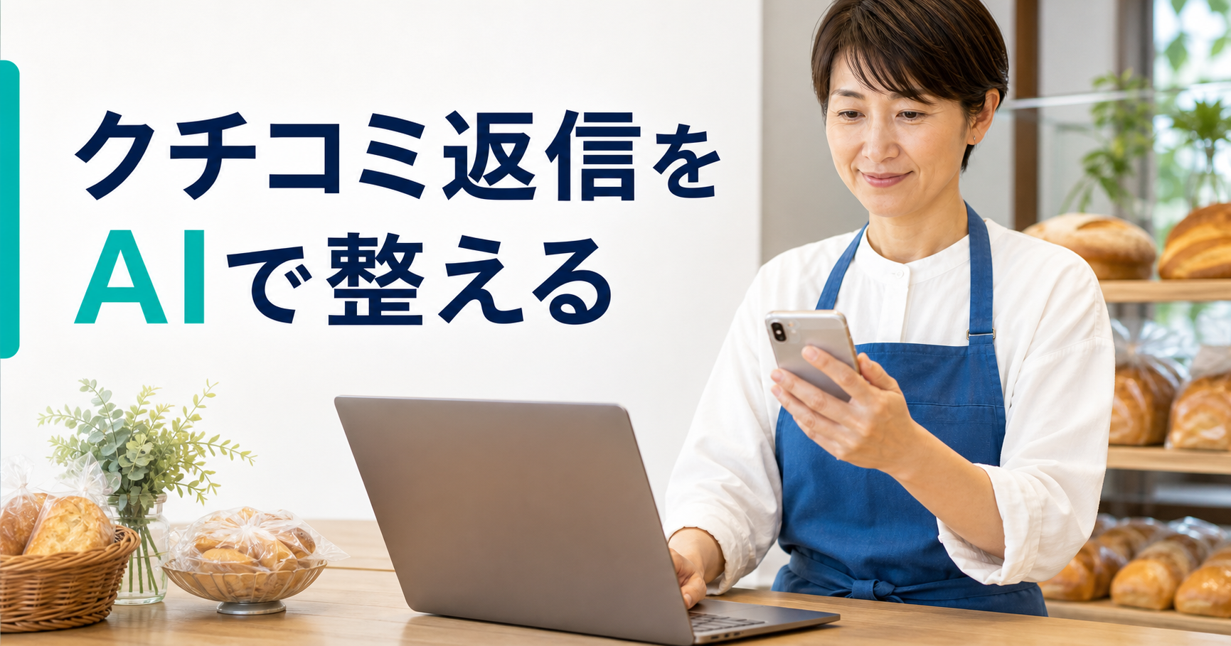 小さなお店の店主がAIでクチコミ返信文を整えているイメージ