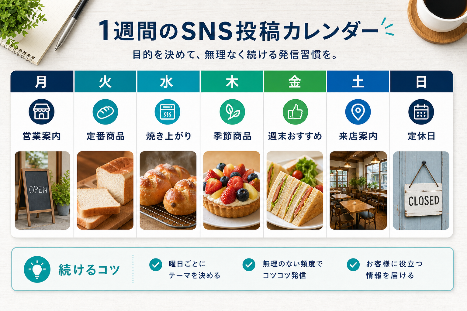 月曜から日曜までのSNS投稿テーマをカレンダー形式で整理した図