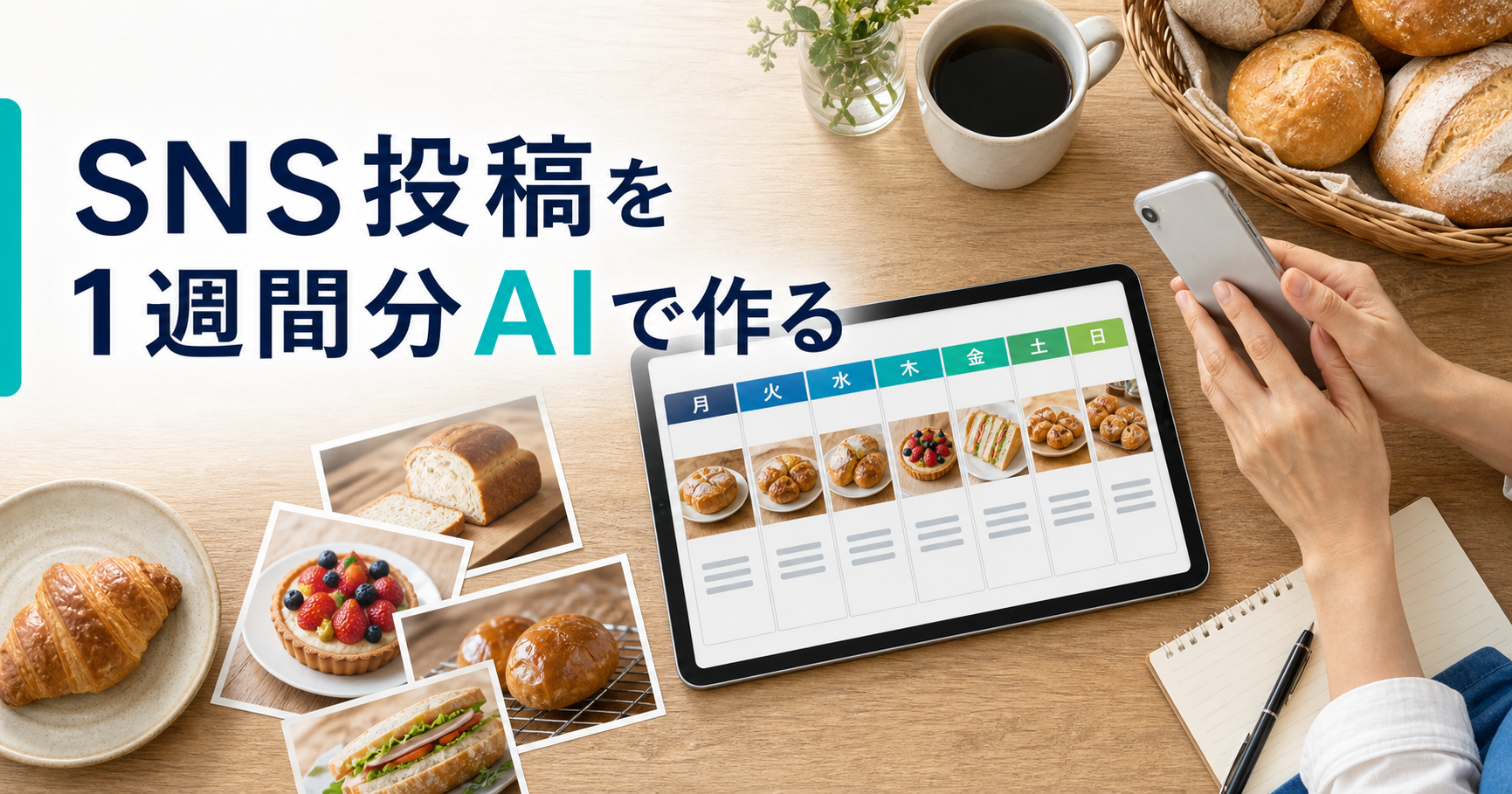 小さなお店のSNS投稿をAIで1週間分まとめて作るイメージ