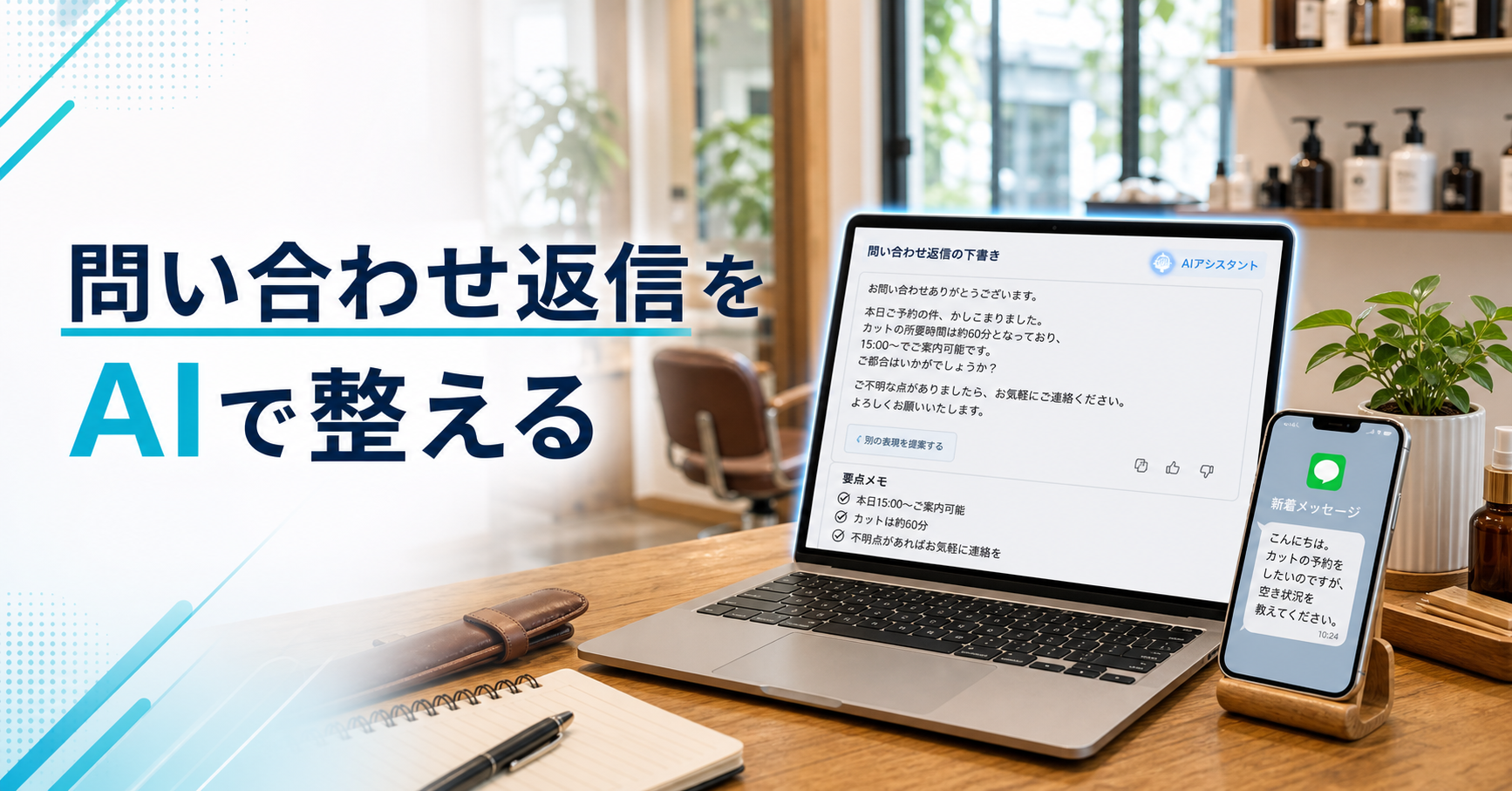 小さなお店の問い合わせ返信をAIで整えるイメージ