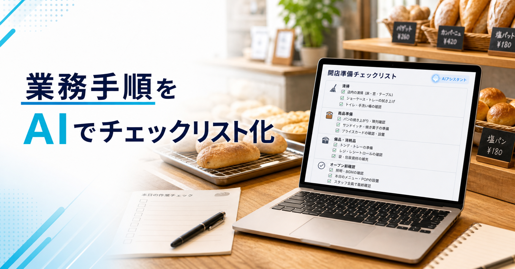 小さなお店の業務手順をAIでチェックリスト化するイメージ