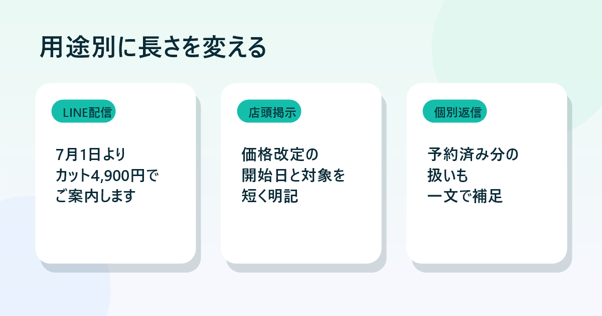LINE配信 店頭掲示 DM向けの値上げ案内文の使い分け