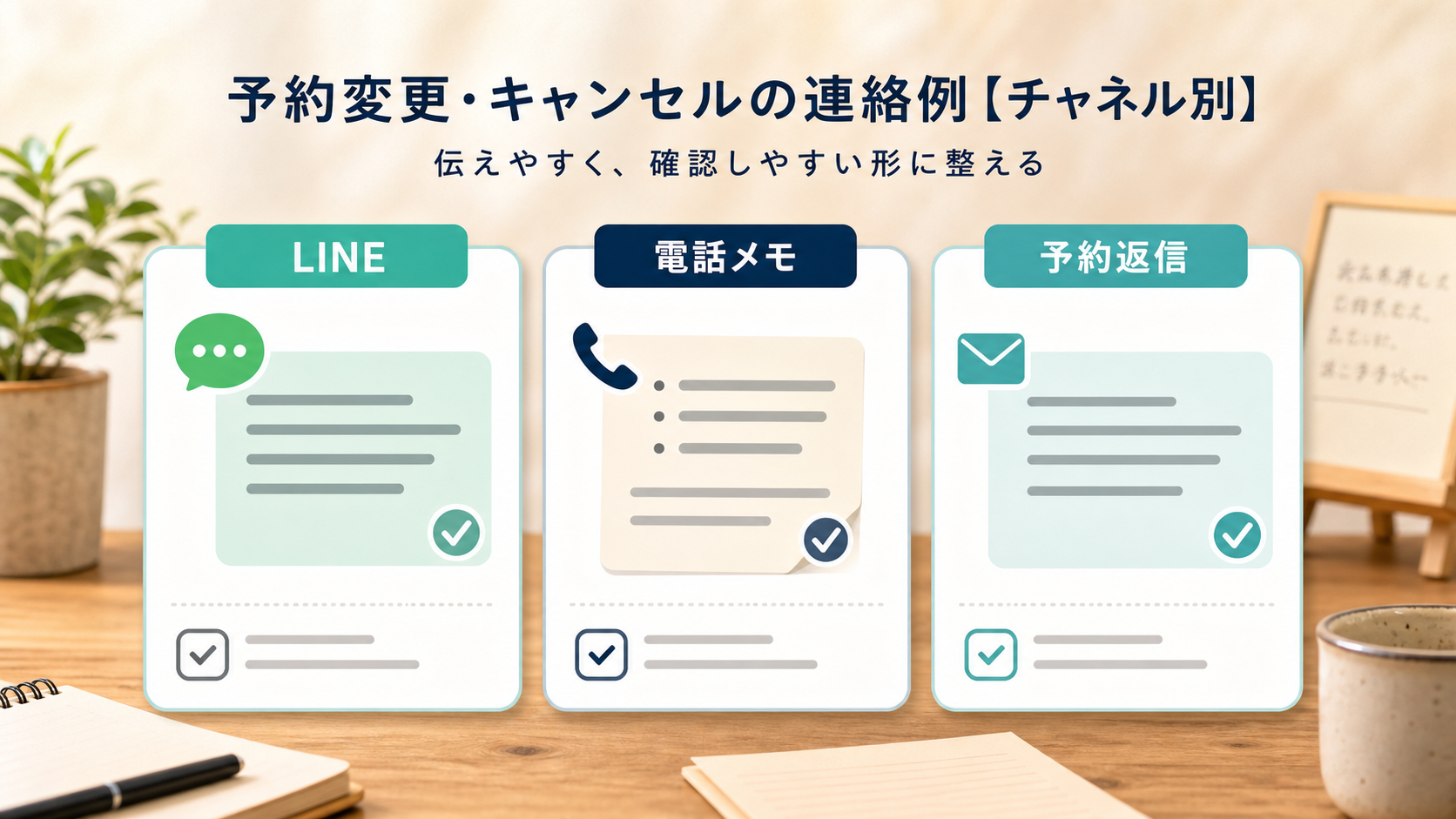 LINE、電話メモ、予約返信ごとに予約変更やキャンセル連絡を整理する図