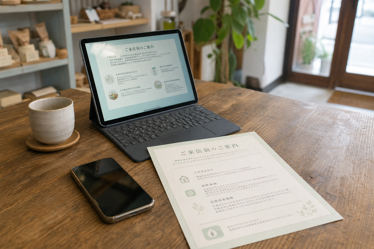 来店前案内をAIで整えるための資料とタブレット