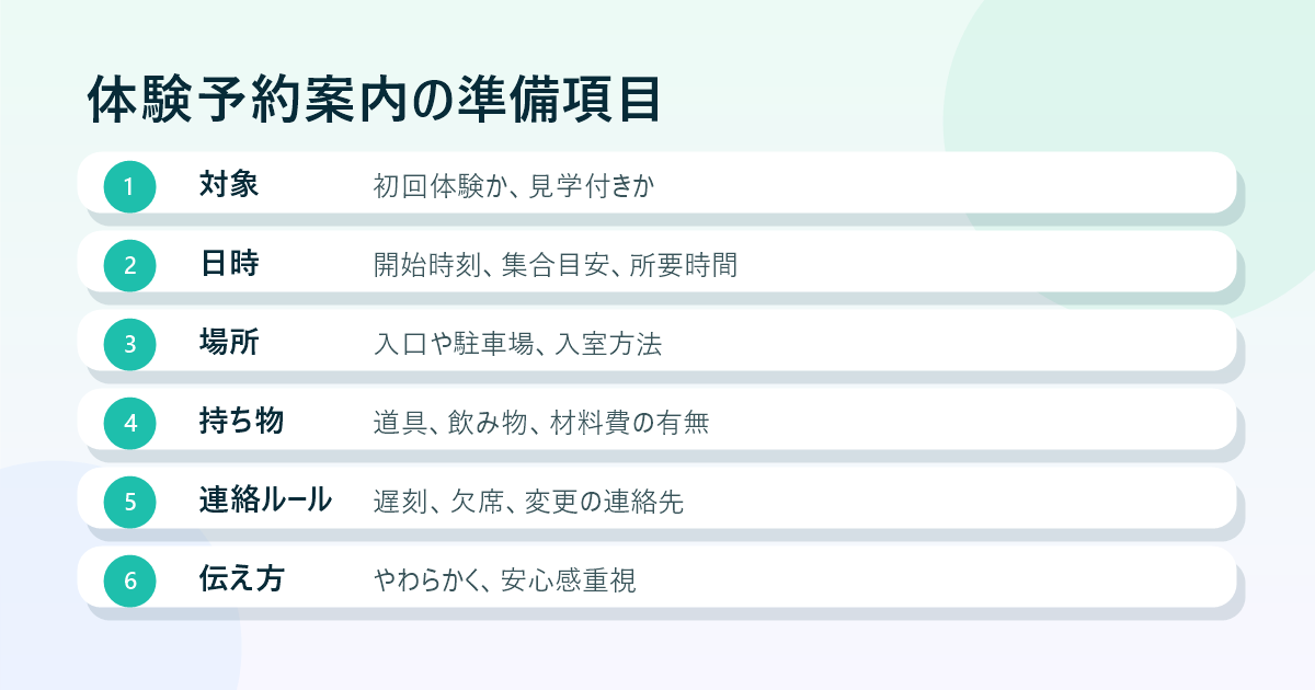 体験予約案内の準備項目を整理したチェックリスト